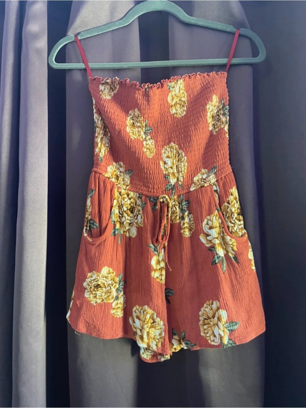Band of Gypsies Rust Floral Smocked Romper with Yellow Blossoms